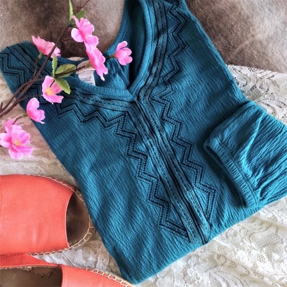 Canyon River Blues Tops - Teal Embroidered V-Neck Boho Long Sleeve Top